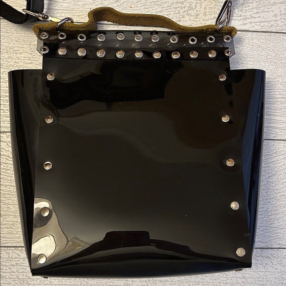 Black Vinyl Satchel Punk Industrial Grommet Purse Bag Handheld or shoulder EUC - Picture 8 of 8